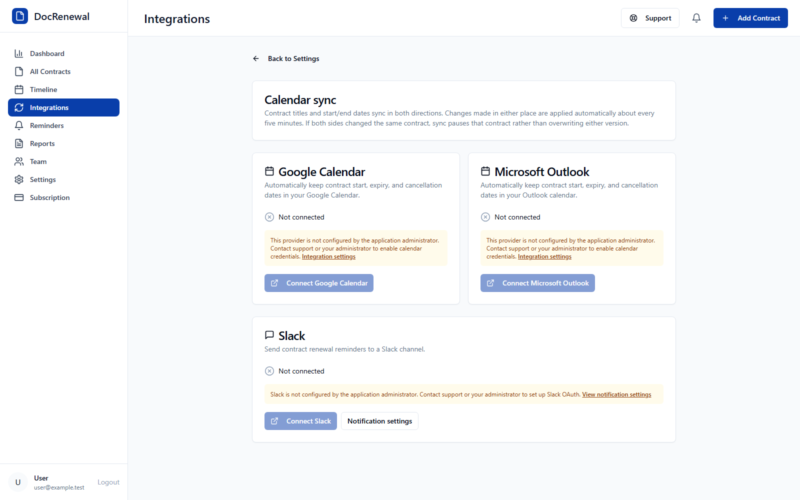 DocRenewal integrations page with Google Calendar and Slack connection options