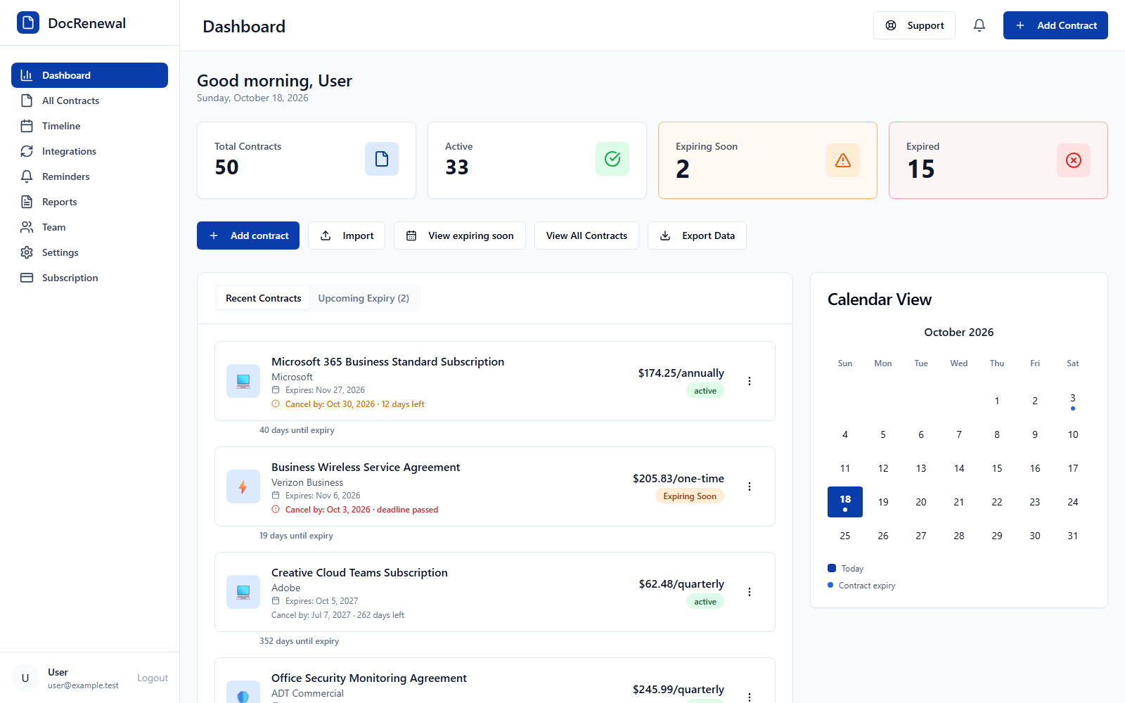 DocRenewal dashboard with the contract spreadsheet import action
