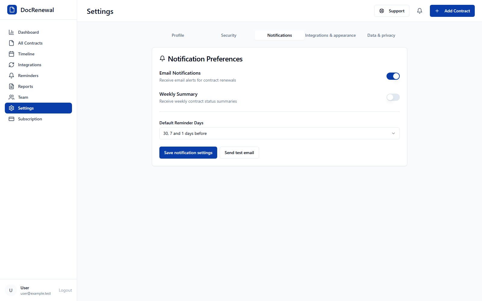 DocRenewal notification settings for email alerts and contract reminder timing