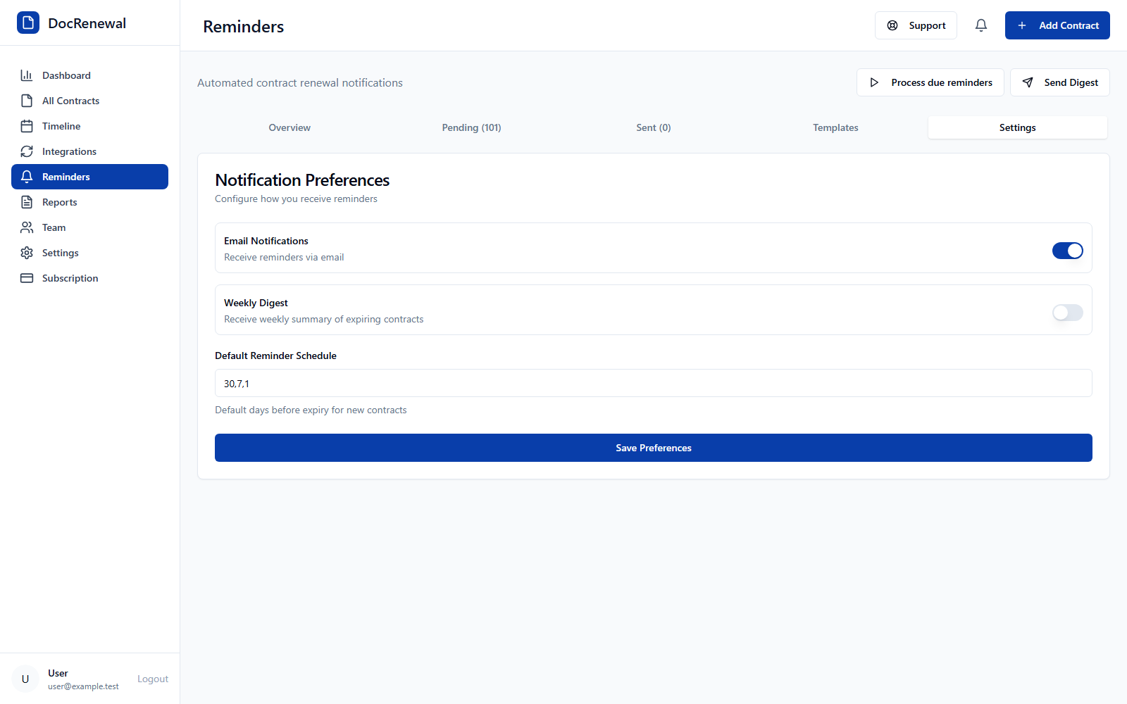 DocRenewal reminder settings with email notifications and default reminder schedule