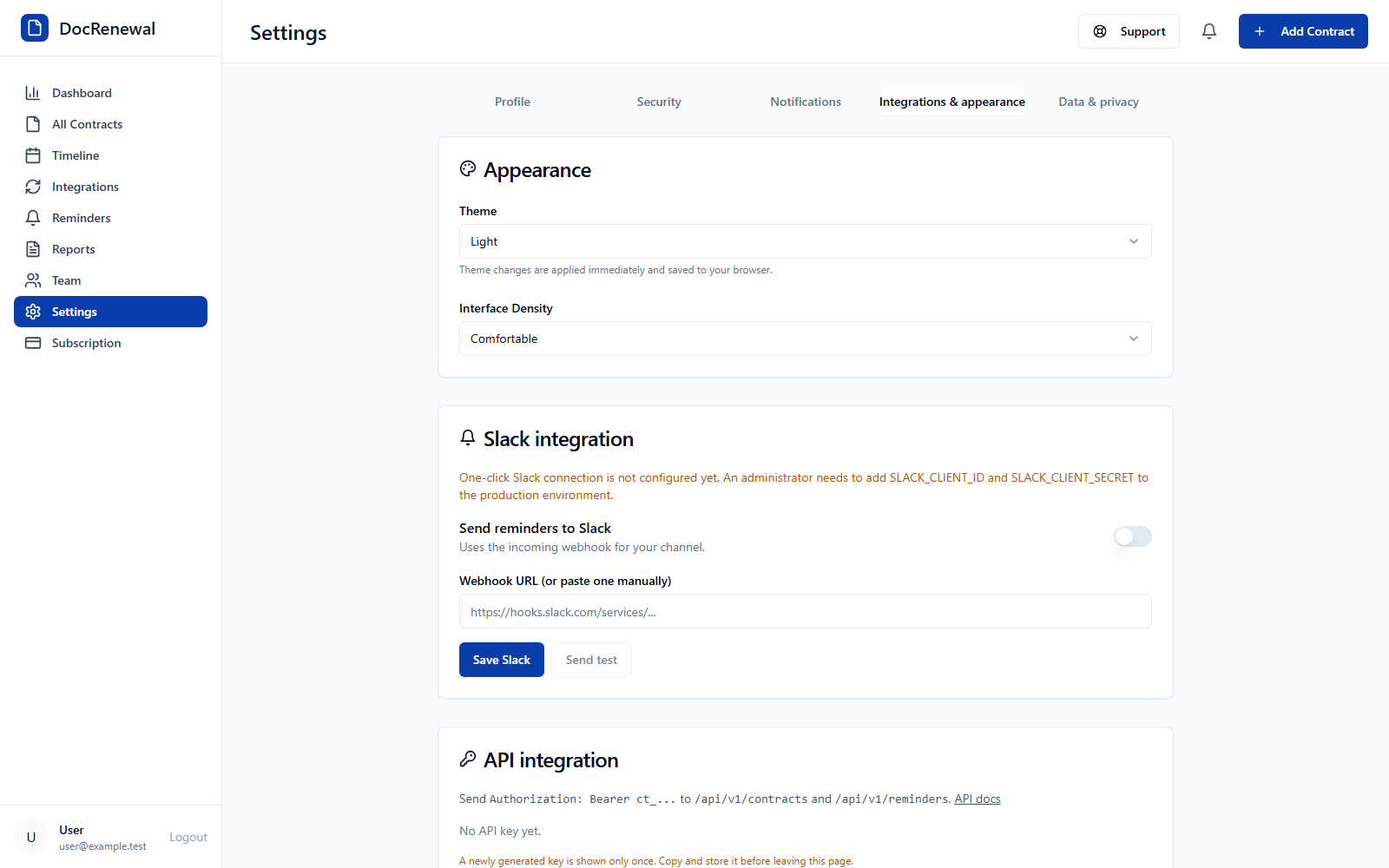 DocRenewal settings page with Slack notification connection and reminder controls